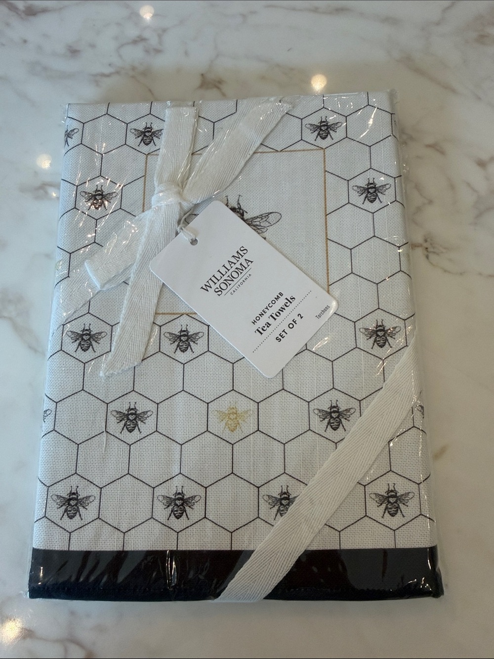 Williams Sonoma White Honeycomb Bee Tea Towels with Black Trim - Set of 2